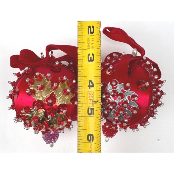 Vintage Red Satin Beaded Push Pin Christmas Ornament Handmade 2 Mid Century - Picture 8 of 12